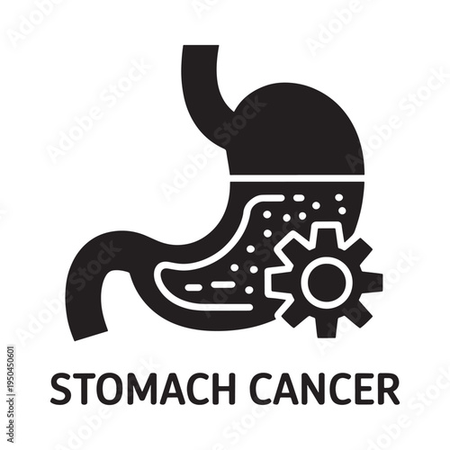 Stomach cancer icon featuring a stomach with mechanical gears inside