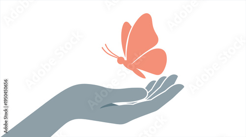 Hand gently releases a delicate butterfly, flat icon on white