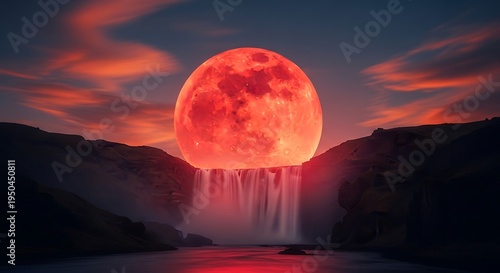 Enormous crimson celestial body illuminates cascading water flowing between dark mountain slopes at twilight