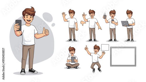 Tech-Savvy Youngster Demonstrating Communication: An animated illustration of a young, tech-savvy individual, showcasing various modes of communication with a smartphone, tablet, and laptop.