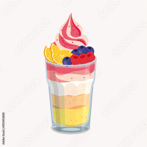 Berry and orange fruit parfait with pink strawberry yogurt layers in a glass.