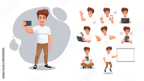 Tech-savvy Male: A digital illustration showcases a young man engaging with technology, captured in various poses that reflect different scenarios and interactions.