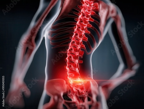 human back with the lower back area highlighted in red, symbolizing sciatica pain