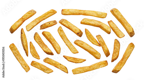 Obraz na plátně Golden crispy french fries scattered and isolated on a pure white background, hi