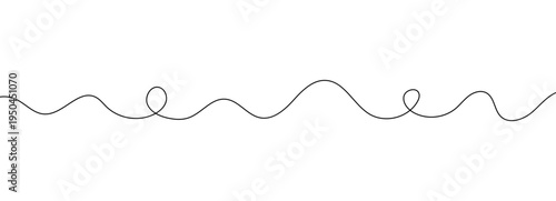 Cable squiggle long thin drawing with a curvy abstract wavy line and an organic hand drawn sketch. Continuous black vector border wire swirl pattern for decor or graphic design, through a.