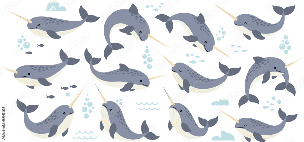 Obraz premium Narwhal Arctic Marine Illustration Set Featuring Swimming, Diving, and Turning Poses of Unicorn Whale with Long Tusk in Ocean Habitat.