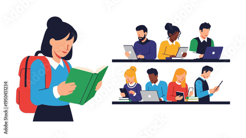 Reading and Technology: A young student immersed in a book, while other individuals engage with various technological devices.