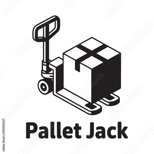 A black and white illustration of a pallet jack lifting a box