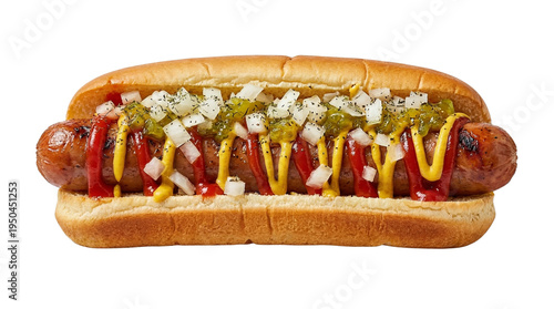 Фотография Delicious grilled frankfurter in a soft bun, topped with yellow mustard, red ket