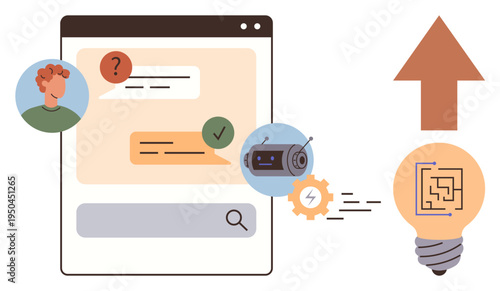 Customer support, automation tools, problem-solving, innovation, digital assistance, AI communication. Conversational interface with chatbot icons and user interactions. Customer support