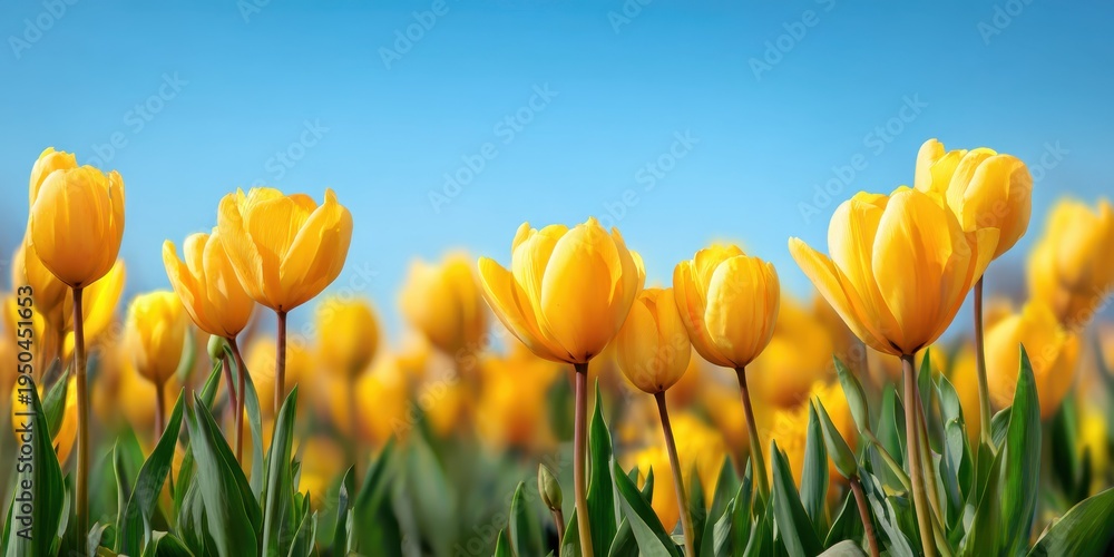 Obraz premium Spring floral wallpaper. Tulip flowers in green grass with sunny light. Yellow tulips over sky, spring meadow background, frame. Nature appreciation. Fantasy blooming landscape. Mother's Day concept