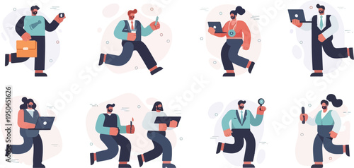 Business people in modern flat art style, running with laptops and briefcases