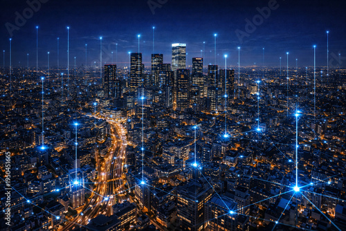 City skyline at night shows lights and network connections above buildings with clear roads below in a busy urban area
