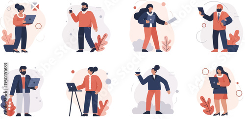 Business people engaged in various office activities, using laptops and drinking coffee