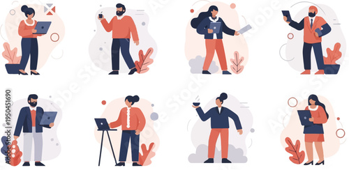 Business people engaged in various office activities, using laptops and drinking coffee