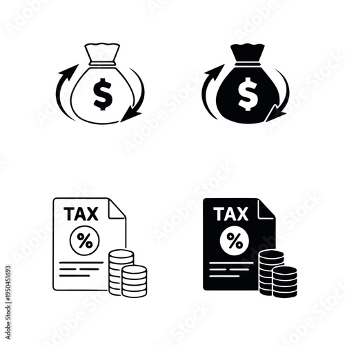 Set of four financial icons featuring money bag with dollar sign and circular arrows symbolizing cash flow plus tax document with stacked coins representing taxation in outline and dark themed styles