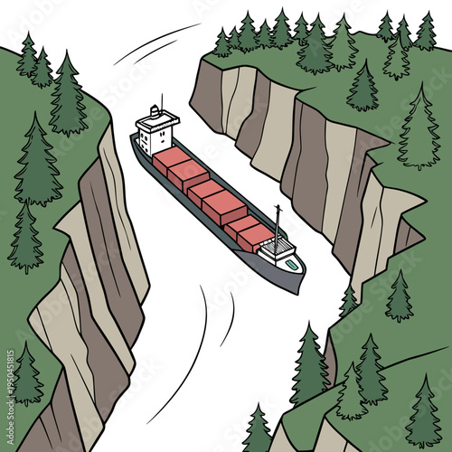 A large red and gray cargo ship on a river