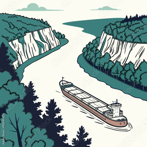 A large cargo ship sails down a river