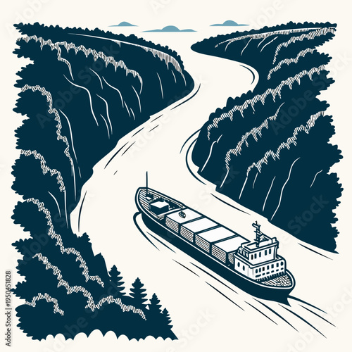 A large cargo ship sails down a winding river