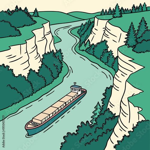 A large cargo ship sails down a river