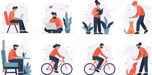 Diverse activities working, reading, cycling, and playing with pets