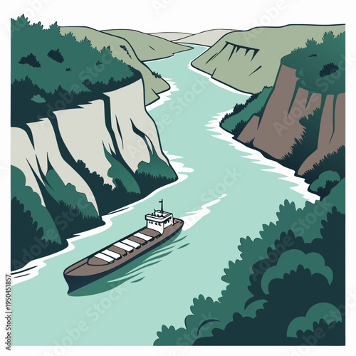 A large ship sails down a river between two cliffs