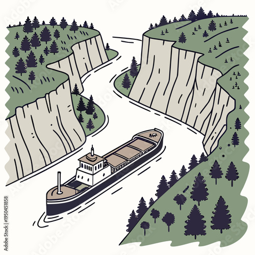 A large cargo ship sails through a narrow river canyon