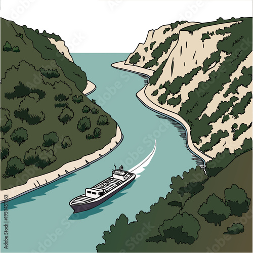 A large ship sails down a river between two mountains