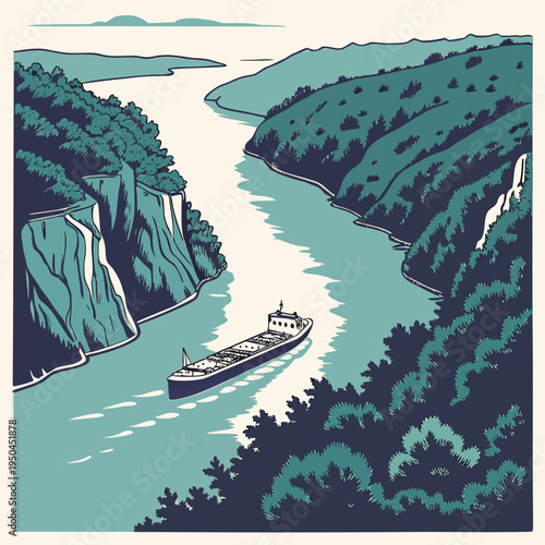 A large ship sails down a river between two cliffs