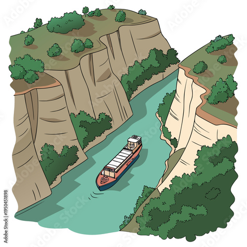 A large boat sails down a river between two cliffs