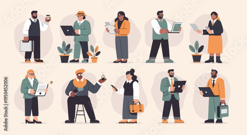 Diverse group of professionals working and interacting with technology