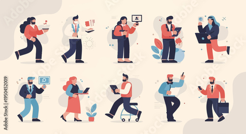 Diverse business professionals interacting with technology and devices