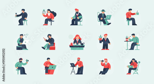 Diverse group of people engaged in various daily activities with modern graphics