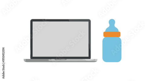 Laptop and baby bottle icon on white background