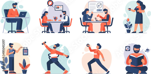 Diverse flat illustrations of people working, exercising, and relaxing