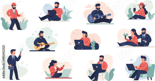 Diverse group of people engaged in various activities like working, playing music, and relaxing