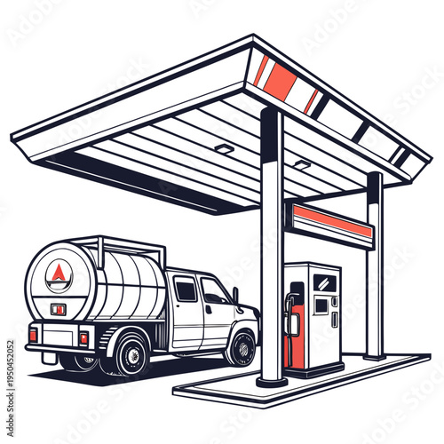 A tanker truck refueling at a gas station