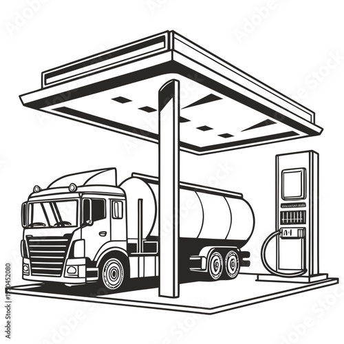 A large tanker truck refueling at a gas station pump