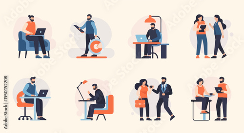 Diverse individuals engage in various work-related activities and office scenarios