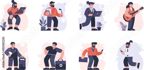 Diverse cartoon people working, playing music, and holding devices