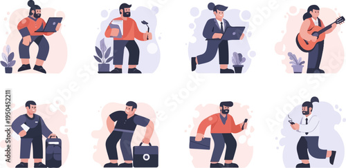 Diverse cartoon people working, playing music, and holding devices