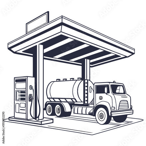 A large tanker truck refueling at a gas station pump