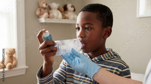 Black boy using inhaler with spacer under medical supervision for asthma management and respiratory therapy at home, specialist hand helping the boy hold the inhaler