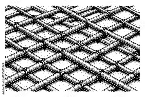 Hand drawn engraving style illustration of construction steel reinforcement mesh for concrete foundations