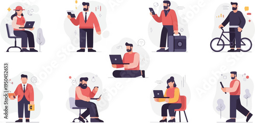 Diverse individuals engaged in various modern activities like working and commuting