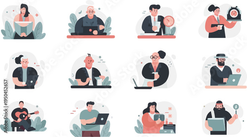 Diverse individuals engaged in various activities, from reading to playing music