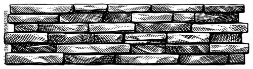 Hand drawn woodcut style illustration of a textured stone wall or brickwork structure