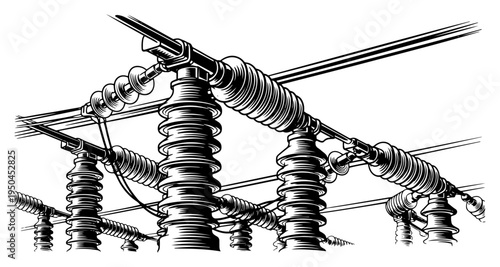 High voltage electrical substation insulators and power lines industrial machinery illustration