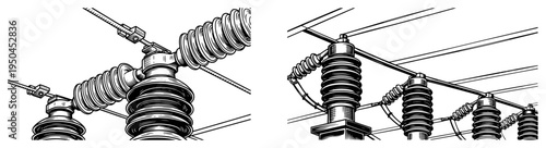 Two detailed panels of electrical power grid components and ceramic insulators in pen and ink style