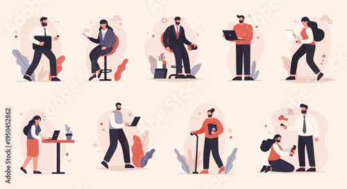 Diverse individuals engaged in various activities, presenting a modern, stylized depiction of everyday work life